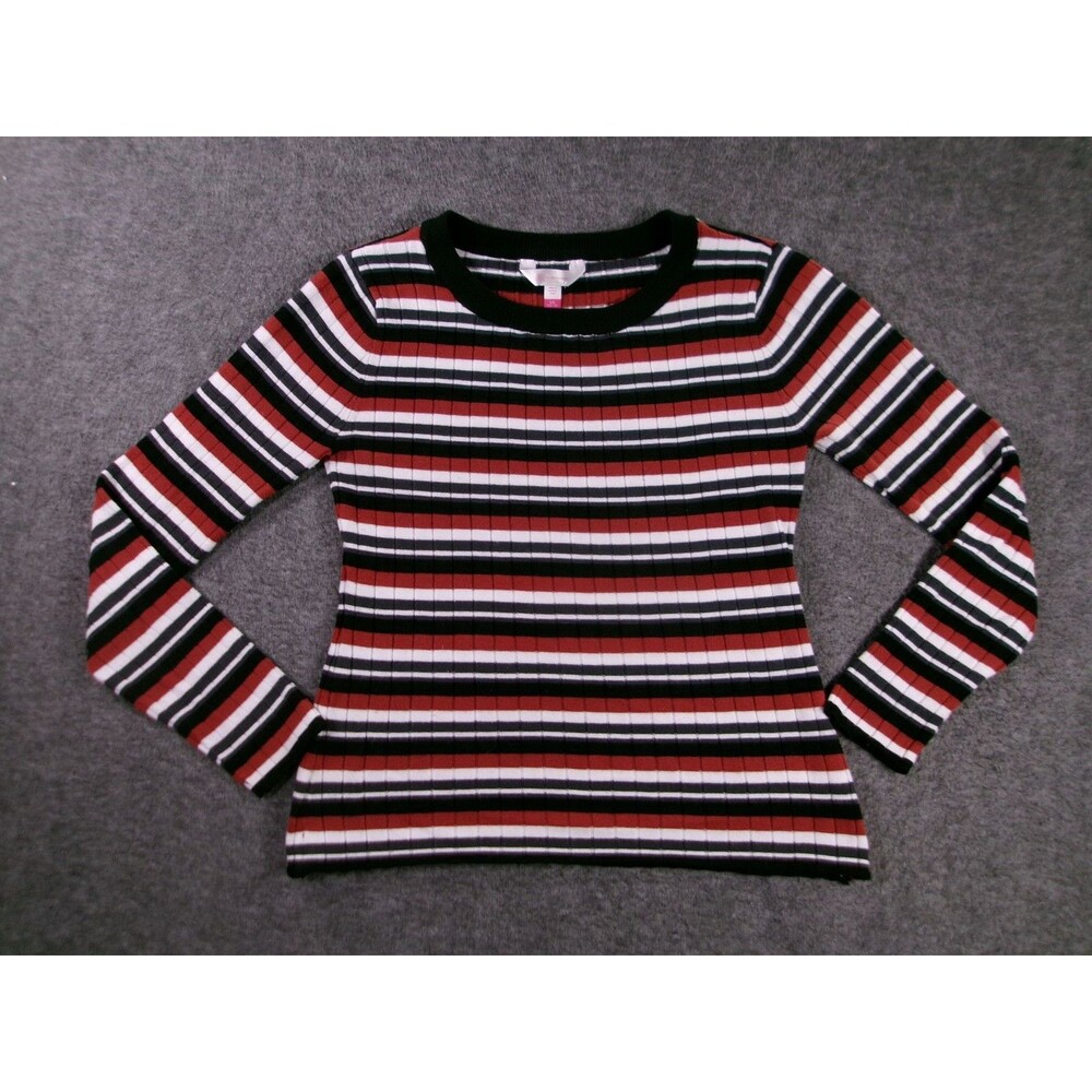 No Boundaries Knit Top Women L Ribbed Striped Long Sleeve Red Black White